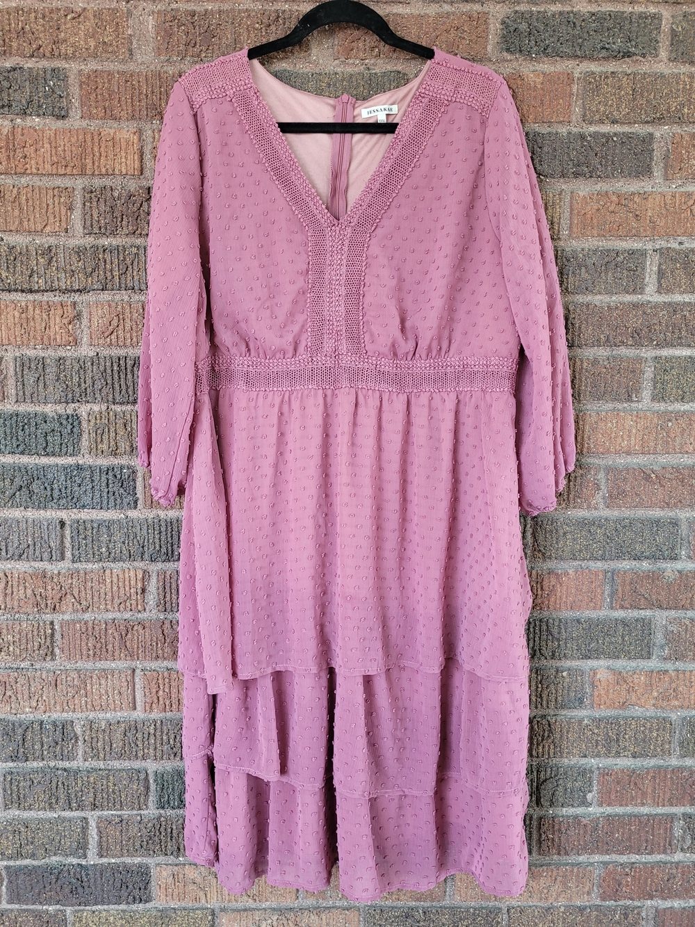 JessaKae Mauve Swiss Dot V-Neck Tiered Midi Dress XXXL Long Sleeve EUC